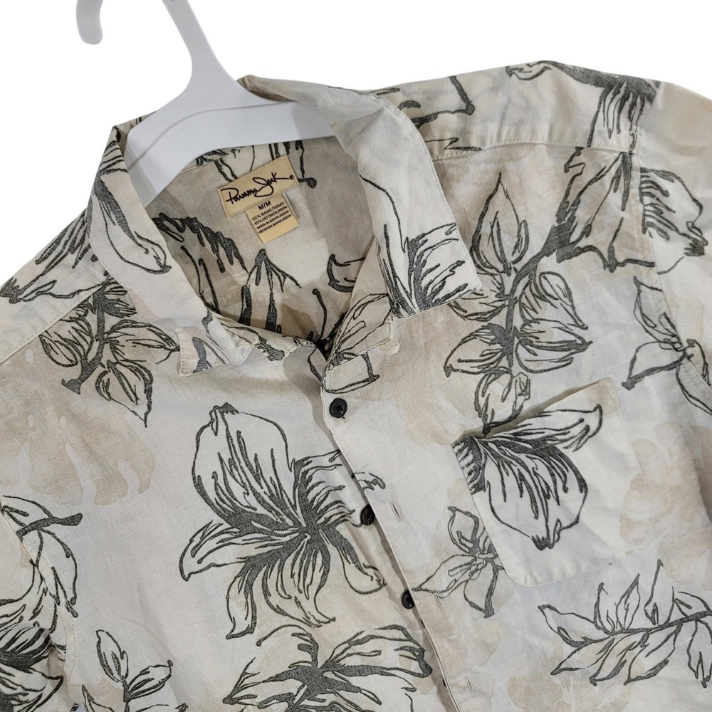 Panama Jack Mens Medium Floral Ramie Cotton Short Sleeve Button Up Shirt Tan